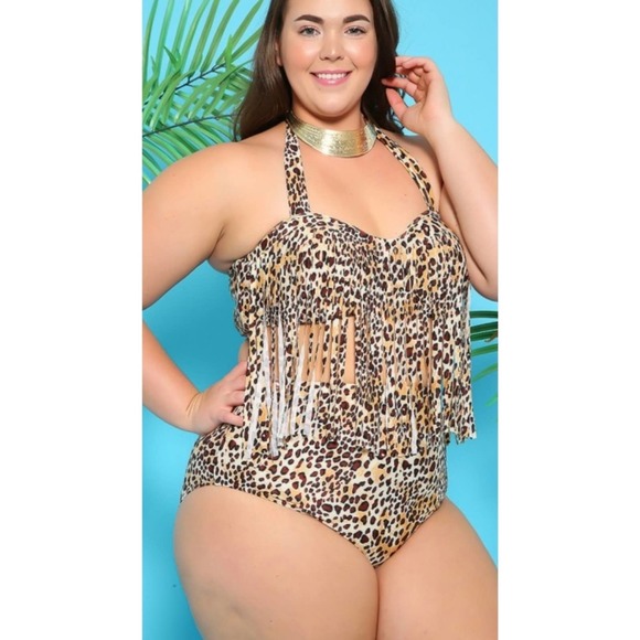 2 PC Leopard Print Fringe High Waist Bikini Set 14 - Picture 2 of 11